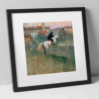 Over the Village Timber show jumping horse art print in black frame