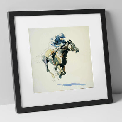 Cerulean Stride racing horse art print in black frame
