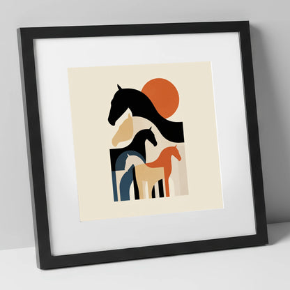 Retro Equine Silhouettes wild horses art print in black frame