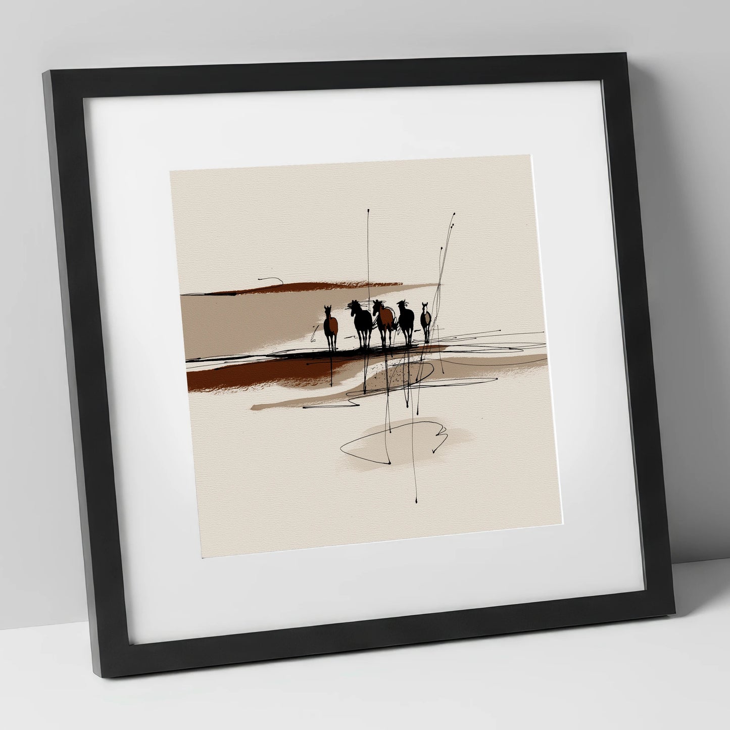 Abstract Herd Shadows wild horses art print in black frame