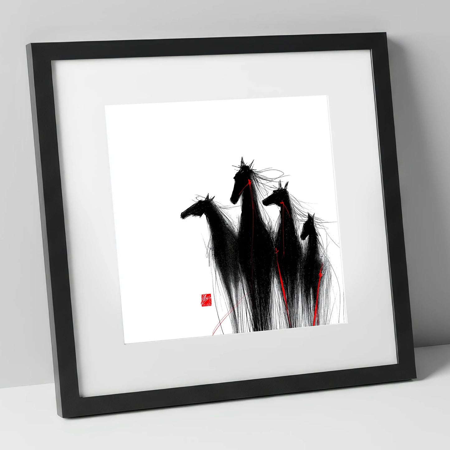 Crimson Thread Herd wild horses art print in black frame