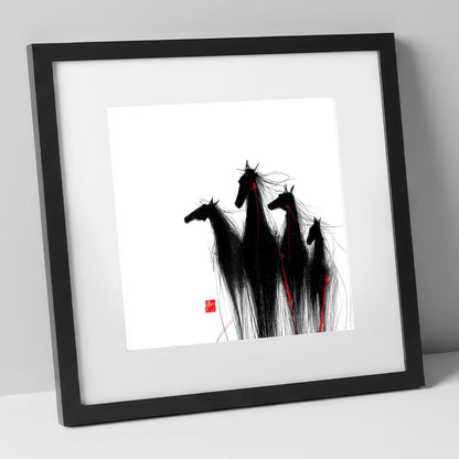 Crimson Thread Herd wild horses art print in black frame