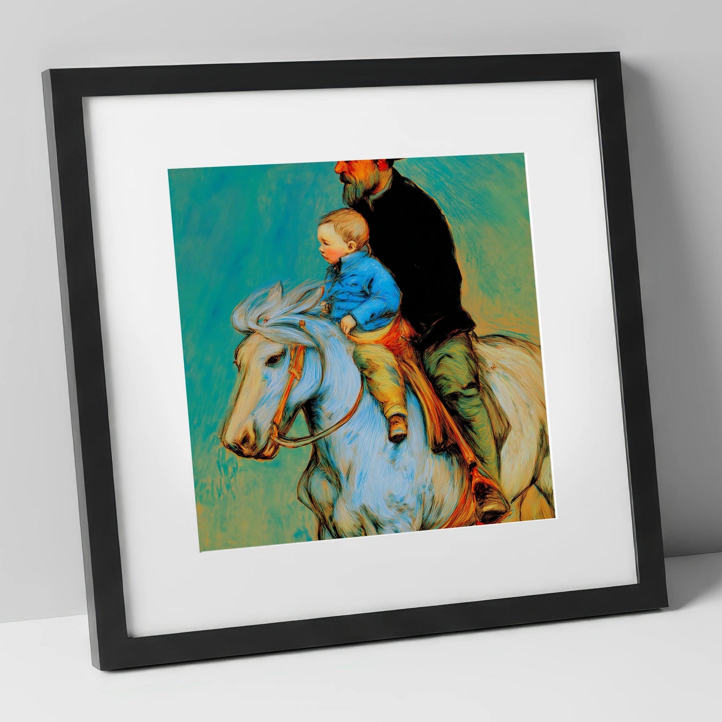 The Guiding Hand horse & rider art print in black frame