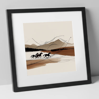 Sepia Horizon Herd wild horses art print in black frame