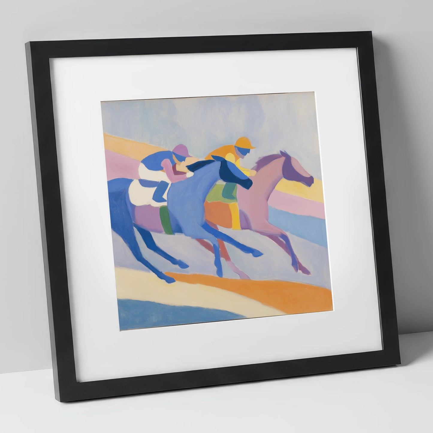 Modern Pastel Gallop racing horse art print in black frame