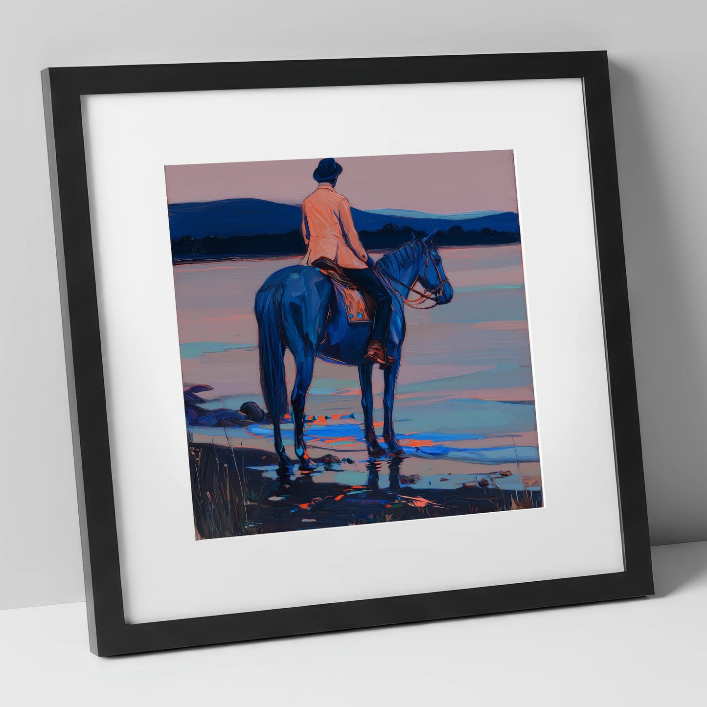 Indigo Coastal Hack beach horse art print in black frame