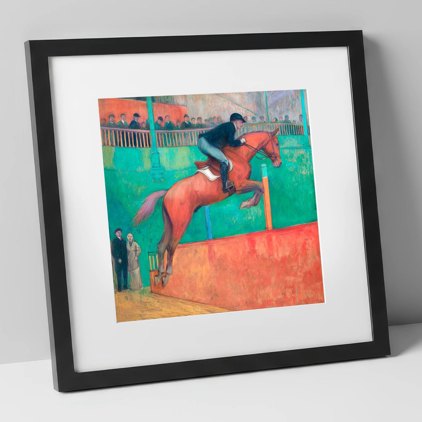 Emerald Arena Flight show jumping horse art print in black frame