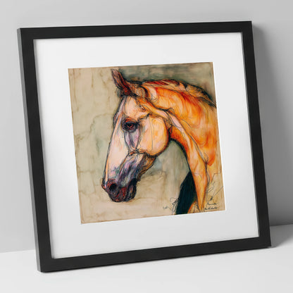 Sienna Wash Equine Study horse portrait art print in black frame