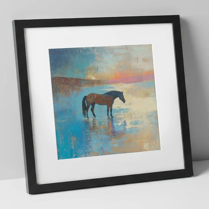 Silent Waters horse landscape art print in black frame
