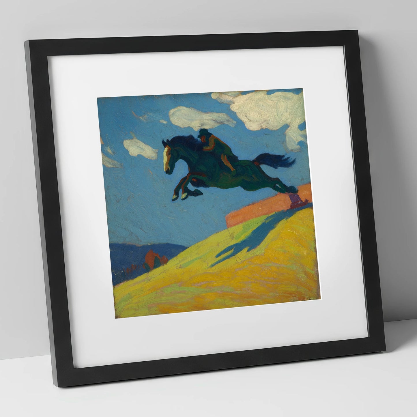 Airborne Splendour show jumping horse art print in black frame