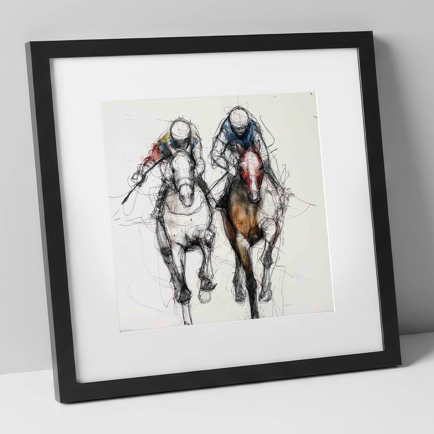 Neck and Neck racing horse art print in black frame