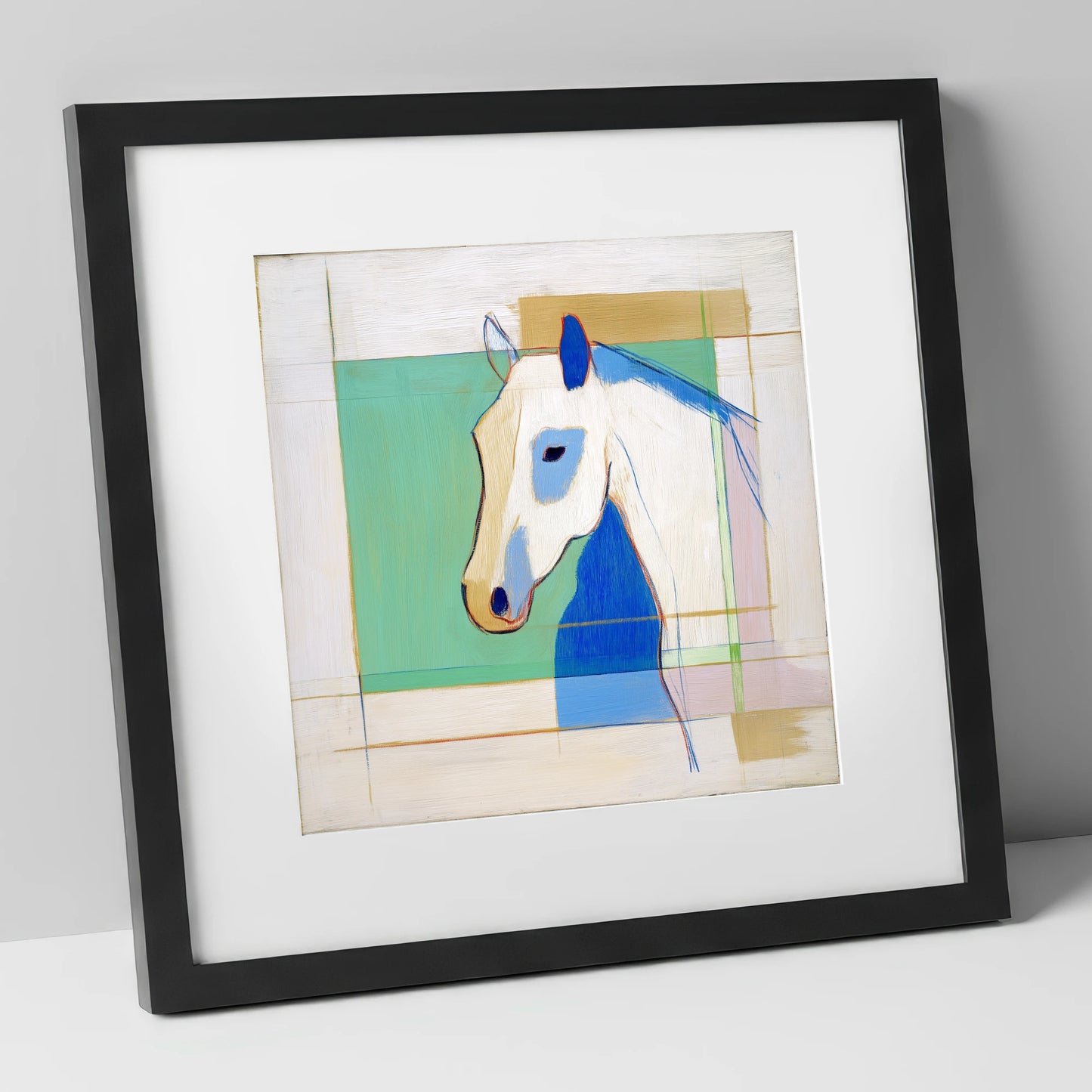 Geometric Azure Equine horse portrait art print in black frame