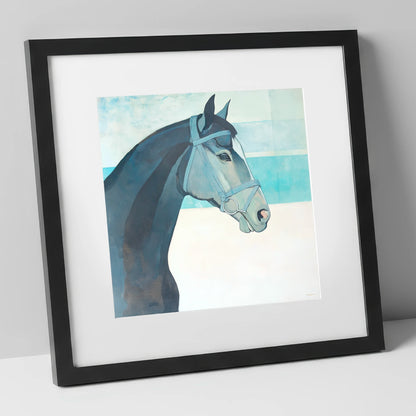 Serene Aquamarine Profile racing horse art print in black frame