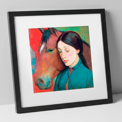 Silent Devotion horse & rider art print in black frame