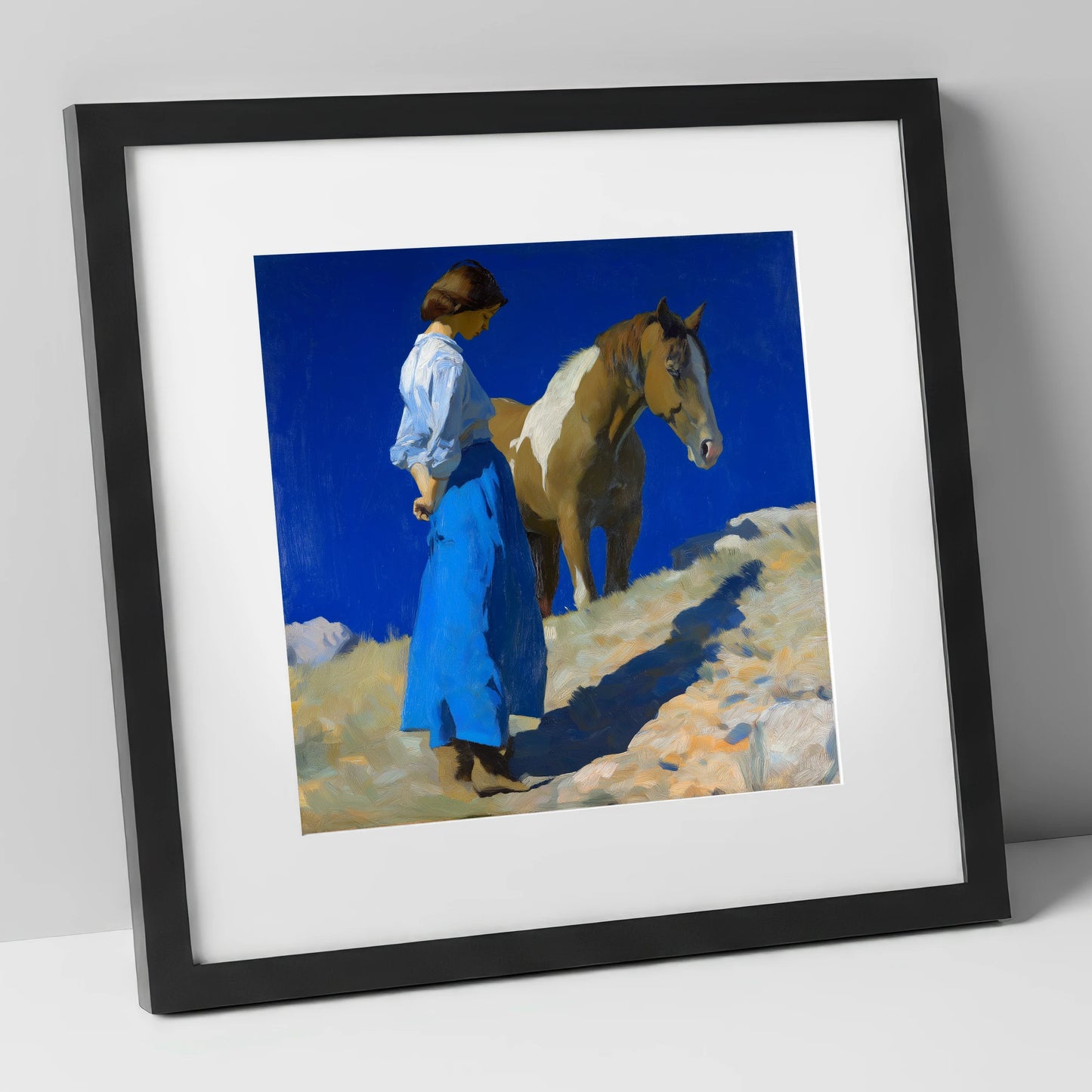 Under the Cobalt Sky horse & rider art print in black frame