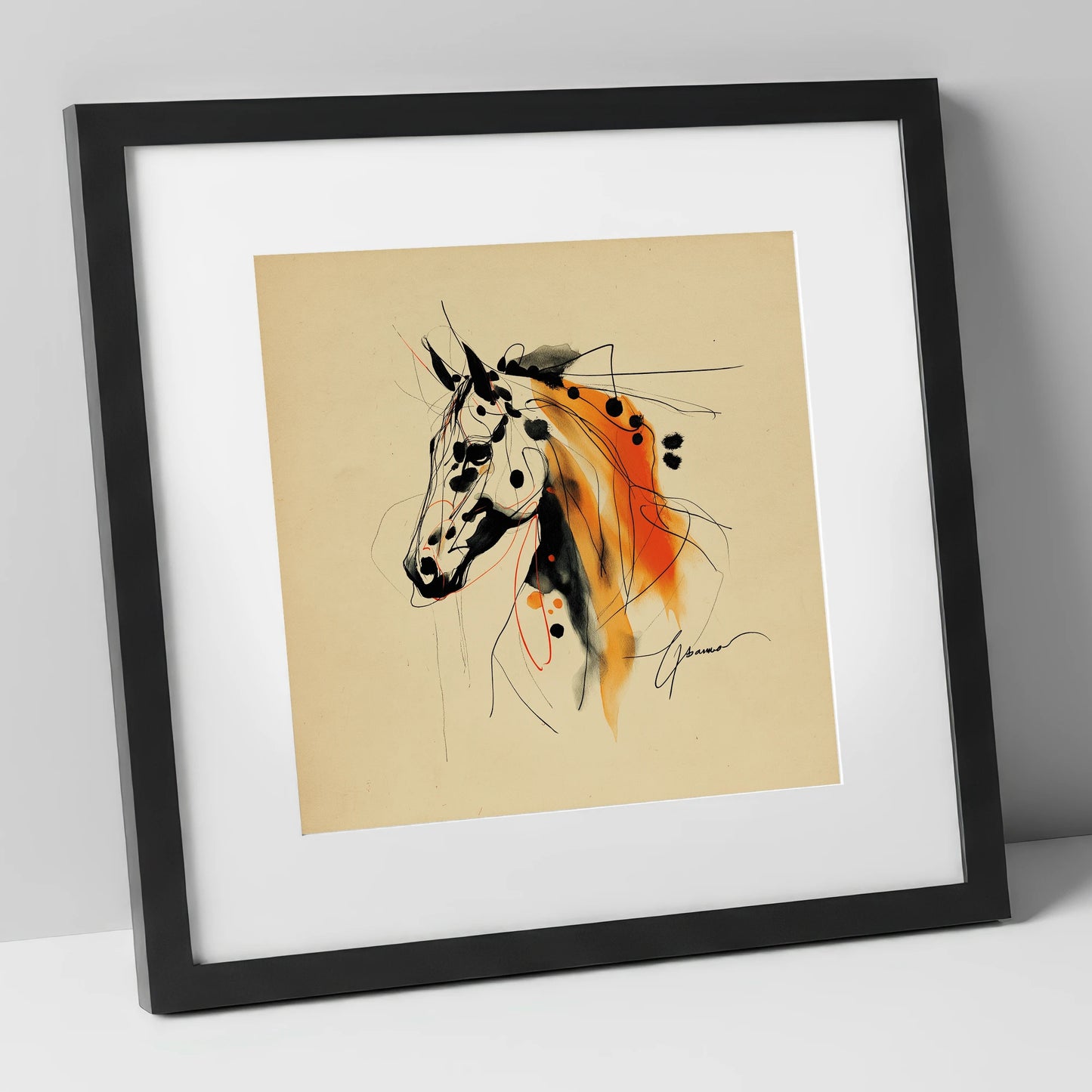 Abstract Amber Spirit horse breed art print in black frame