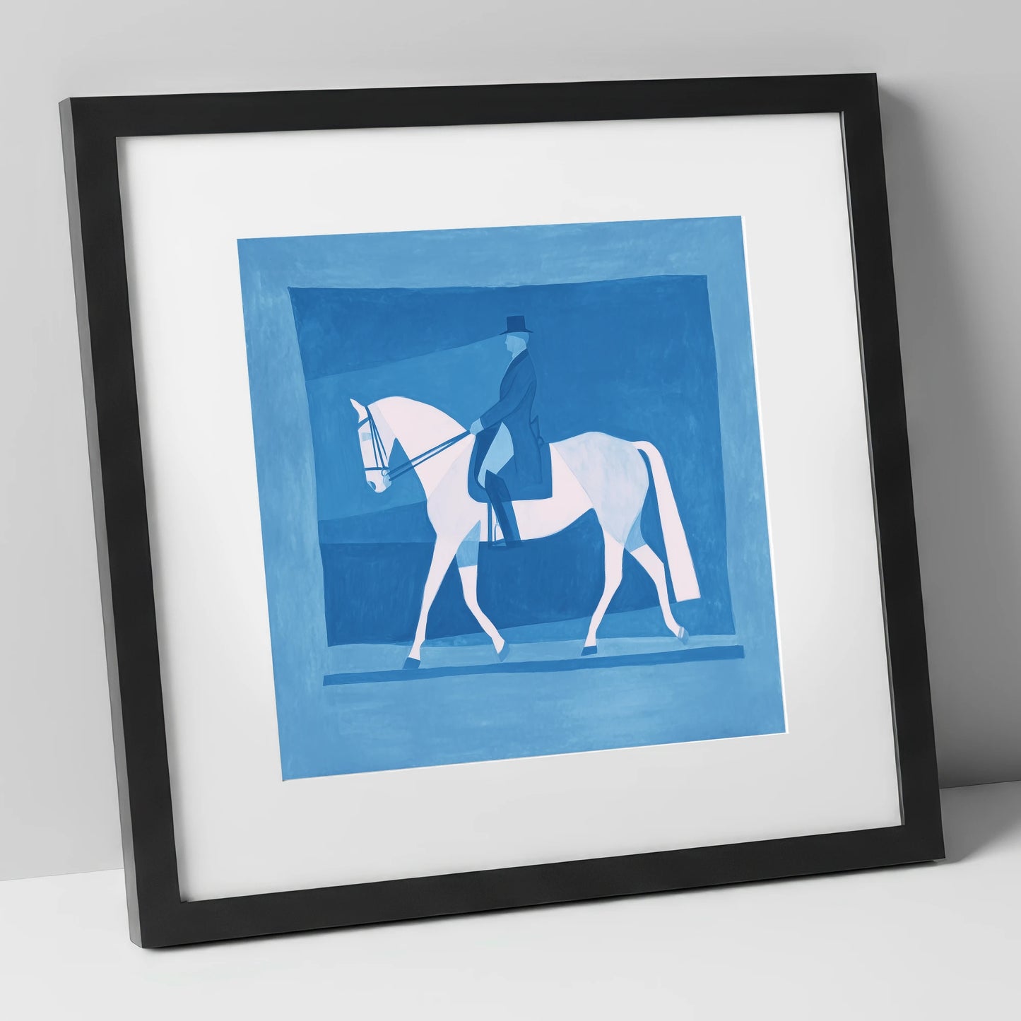 Blue Dressage Silhouette dressage horse art print in black frame