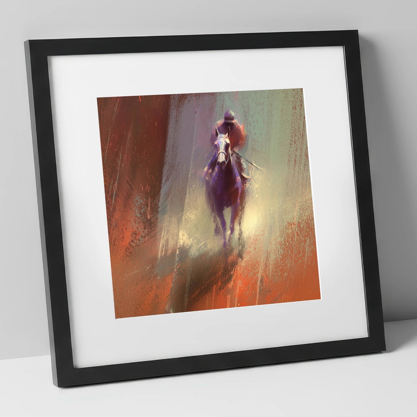 Out of the Haze racing horse art print in black frame