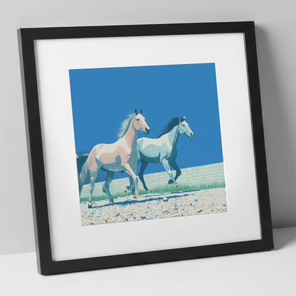 Azure Horizon Strides wild horses art print in black frame