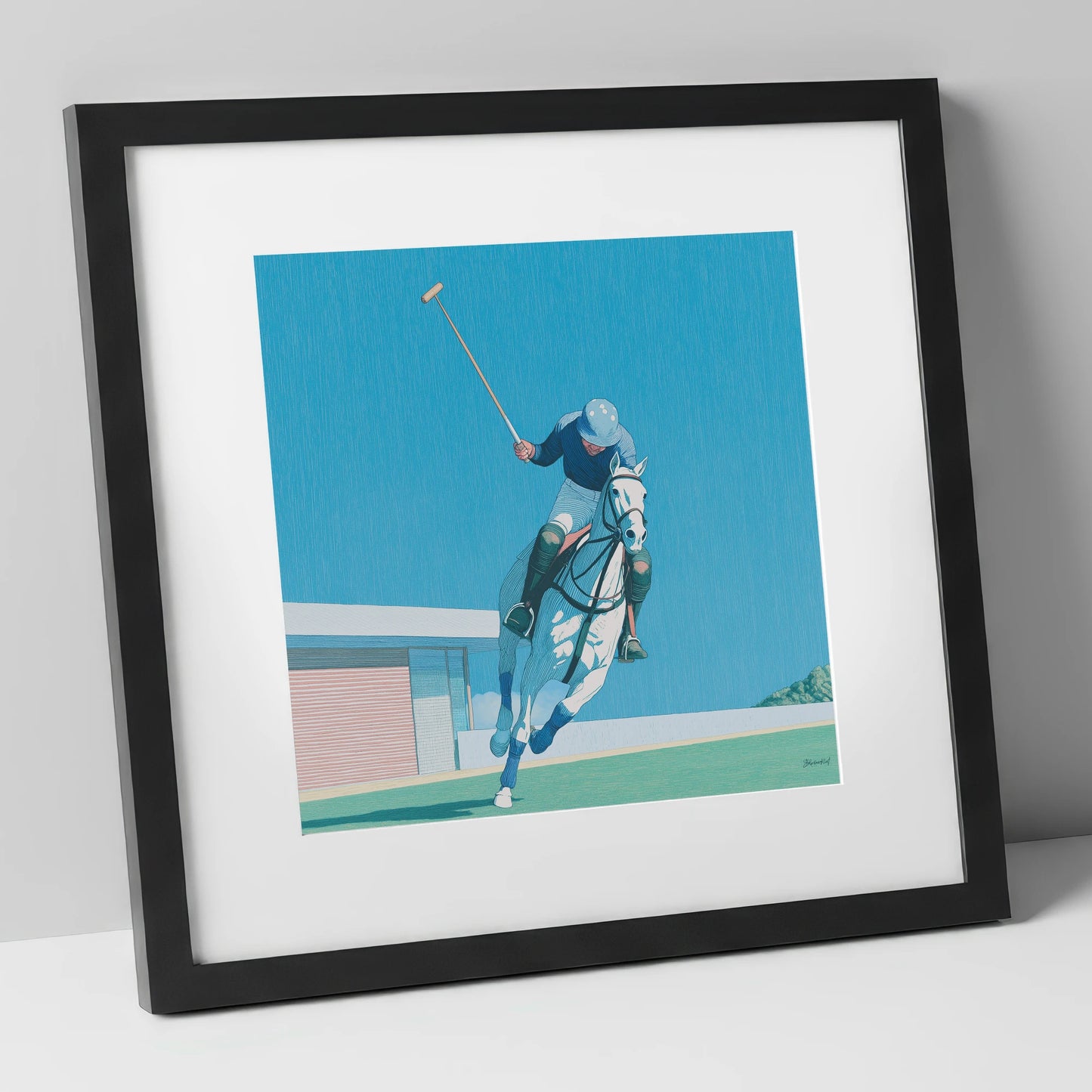 The Azure Chukka polo horse art print in black frame