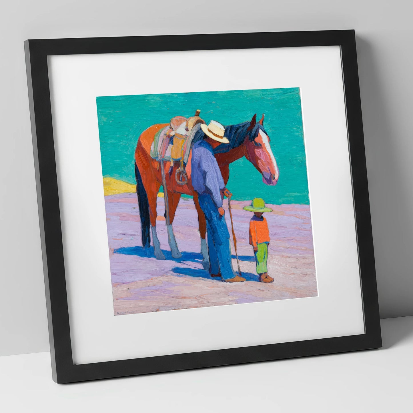 Sunlit Companions horse & rider art print in black frame