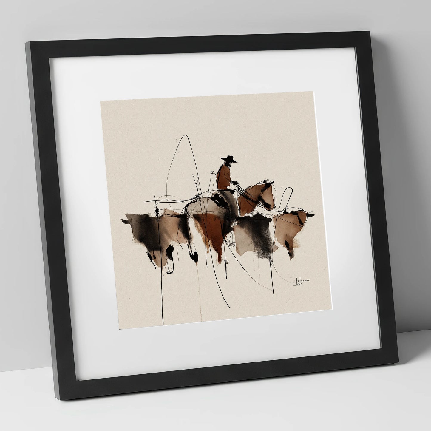 The Cattle Drive western horse art print in black frame