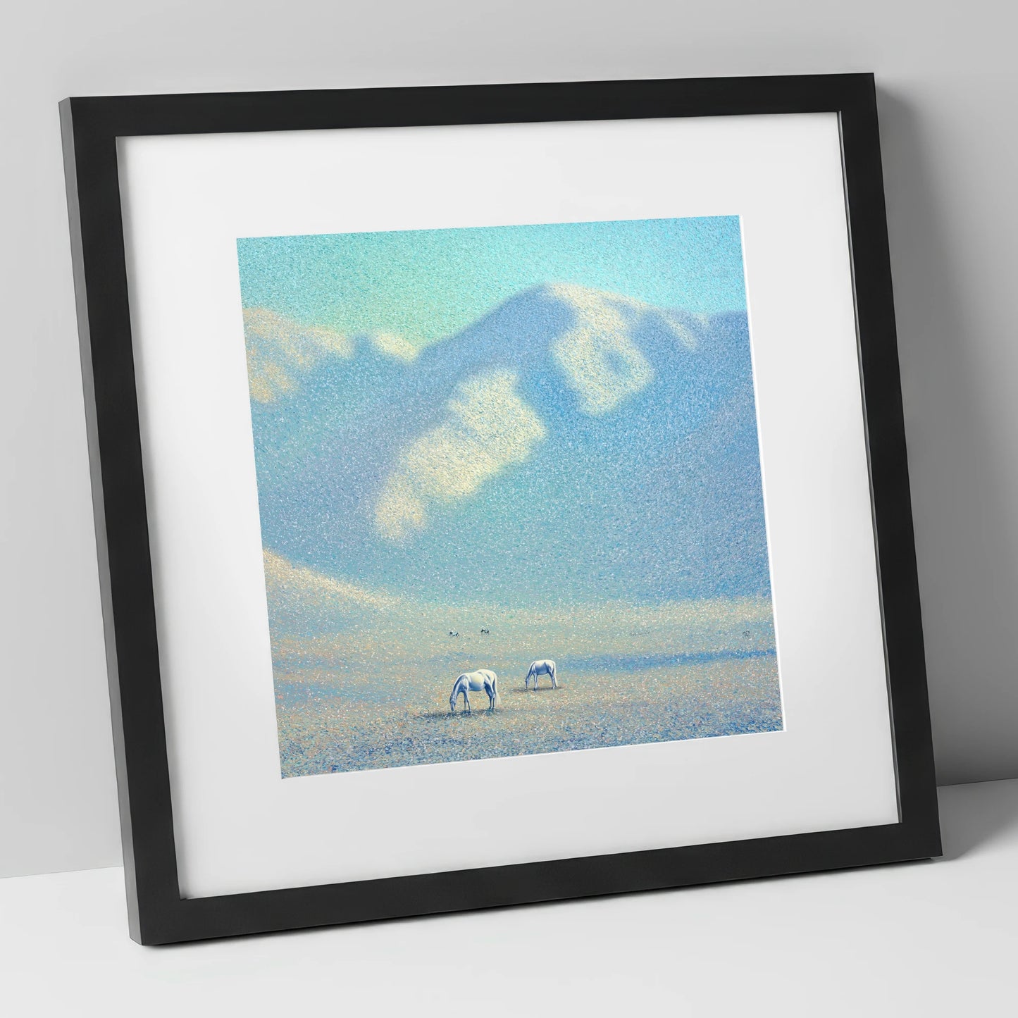 Ethereal Mountain Grazing horse landscape art print in black frame