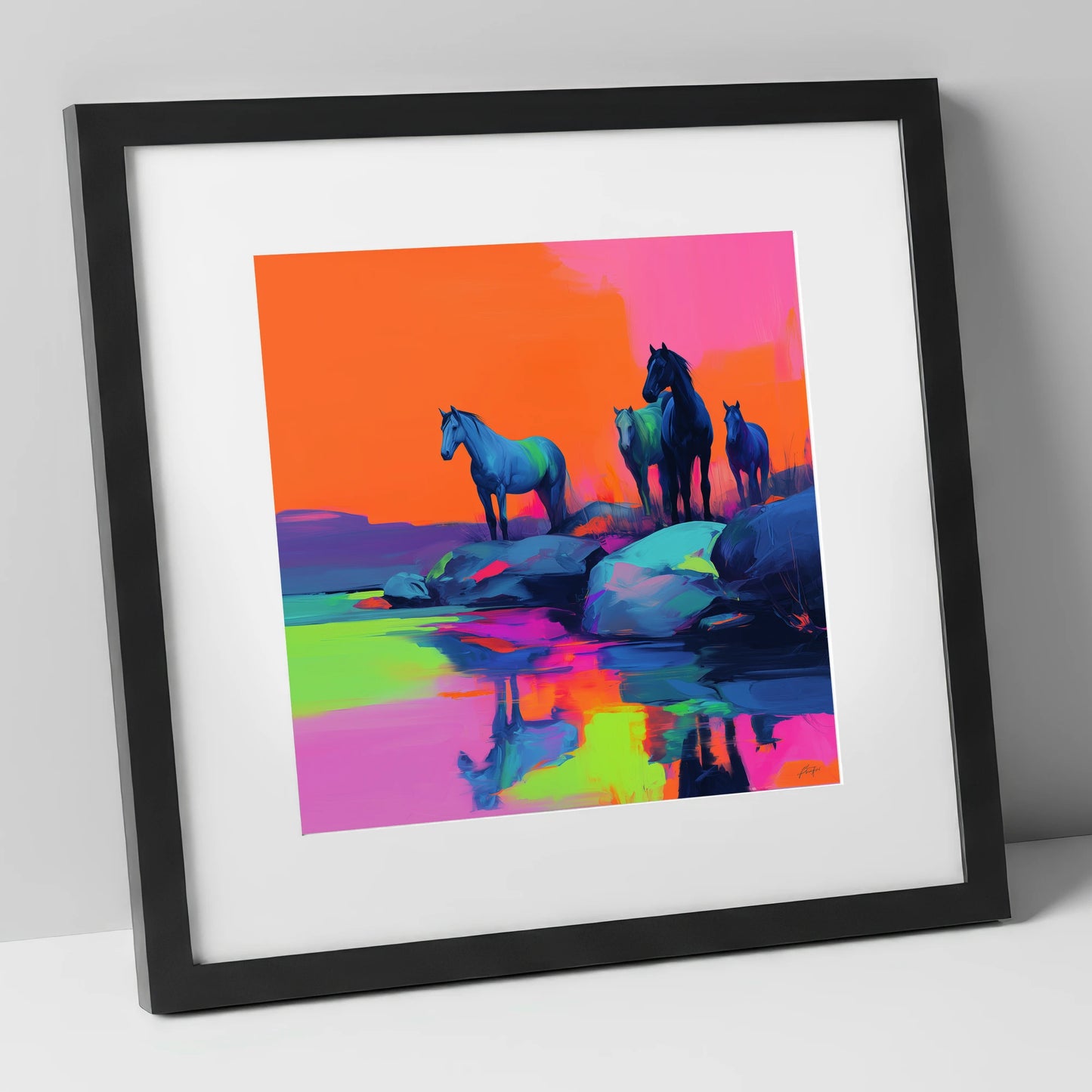 Neon Horizon Horses wild horses art print in black frame