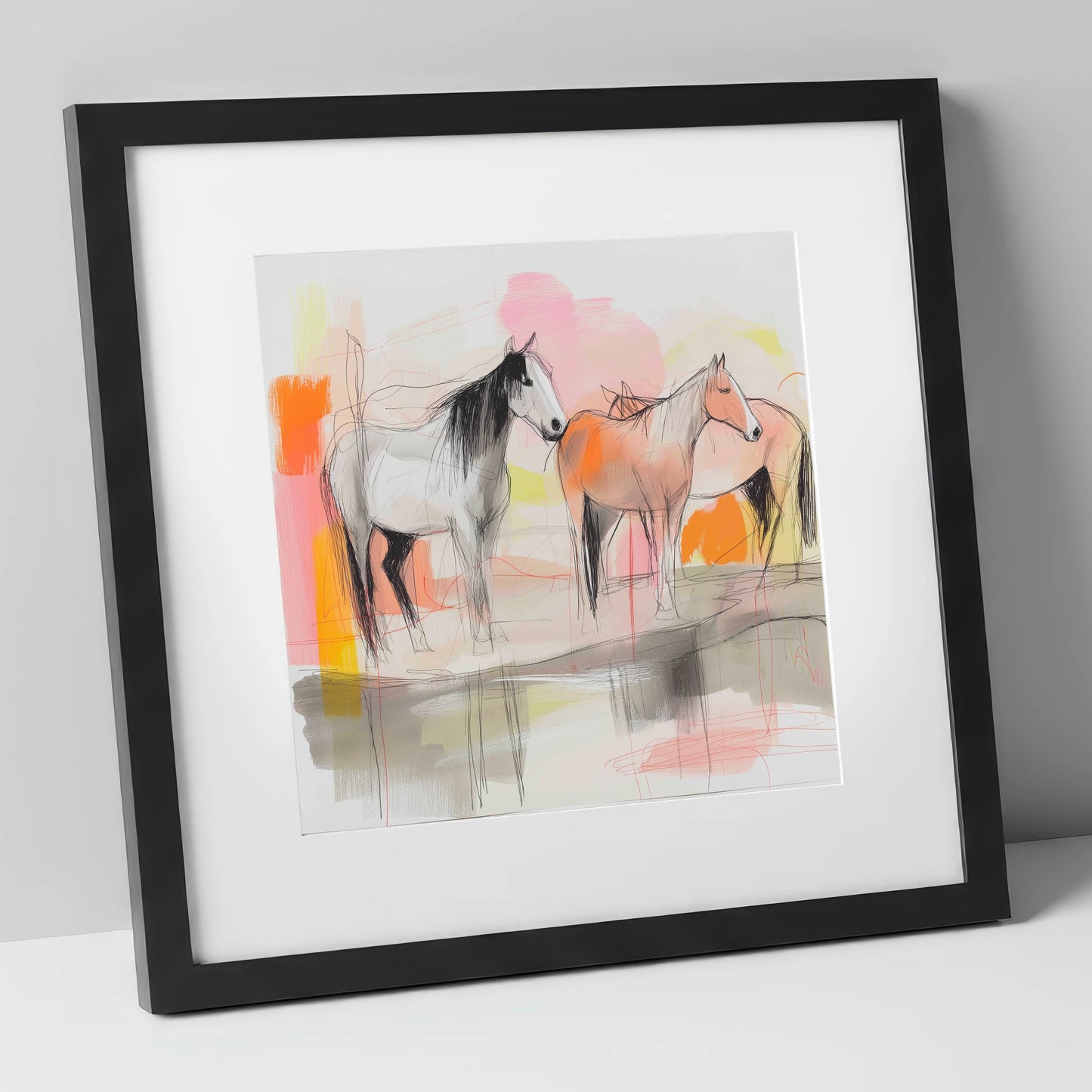 Sunset Harmony on the Plains wild horses art print in black frame