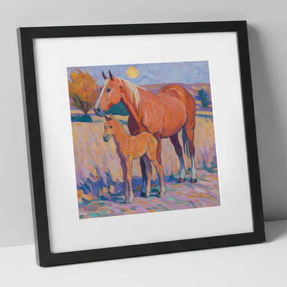 Radiant Chestnut Bond mare & foal art print in black frame