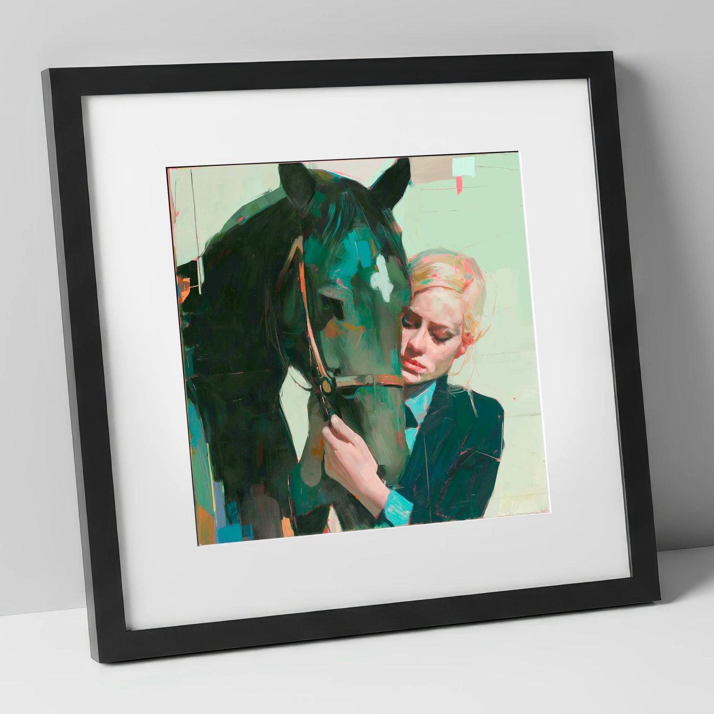 Quiet Connection horse & rider art print in black frame