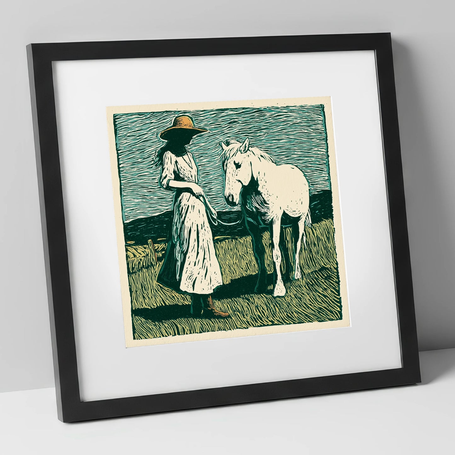 Windswept Companions horse & rider art print in black frame
