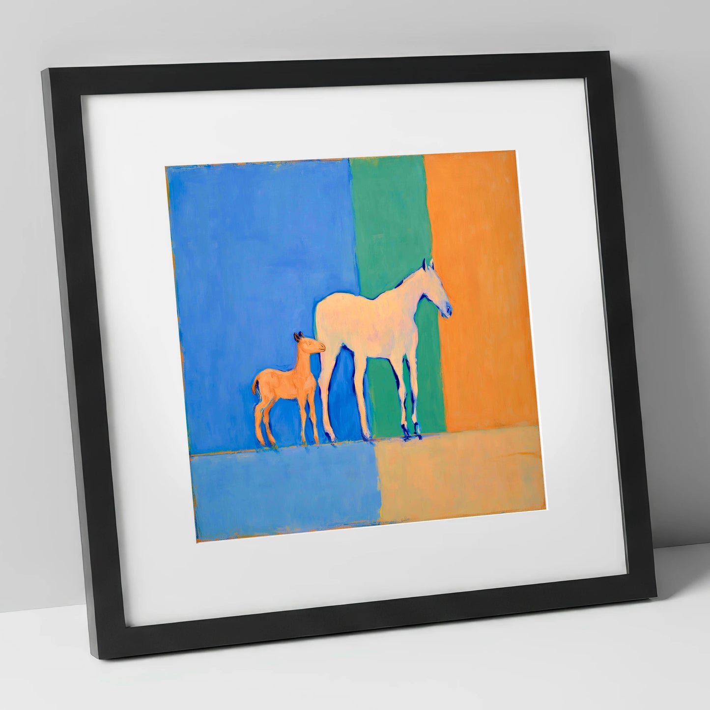 Cobalt and Terracotta Bond mare & foal art print in black frame