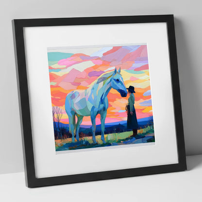 Vibrant Horizon Partnership horse & rider art print in black frame