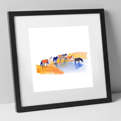 Oasis Gathering wild horses art print in black frame