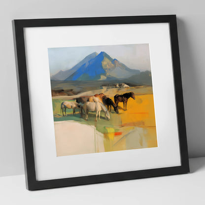 Grazing Beneath Cerulean Peaks horse landscape art print in black frame