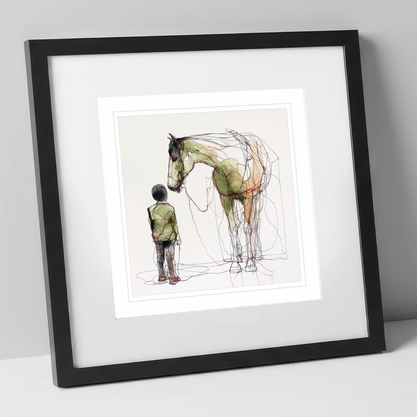 Threads of Connection horse & rider art print in black frame