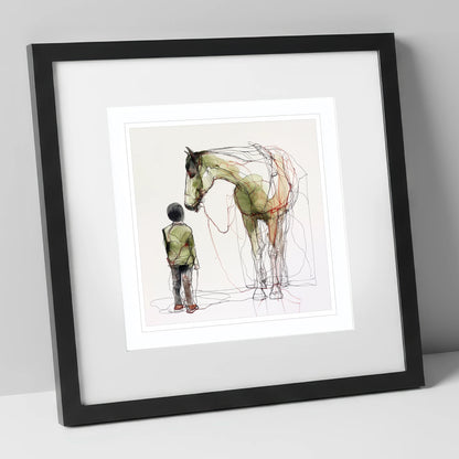 Threads of Connection horse & rider art print in black frame