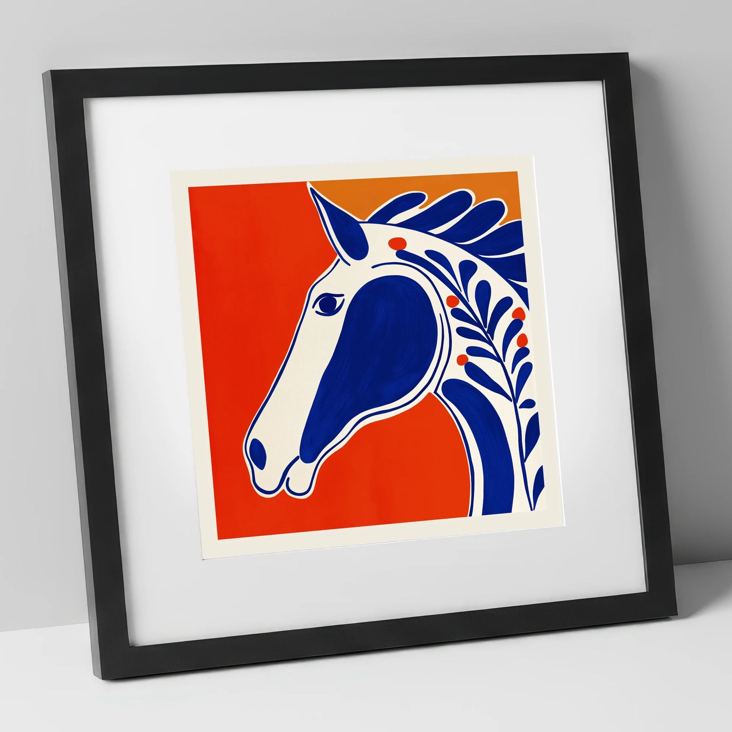 Bold Cobalt Equine Motif horse portrait art print in black frame