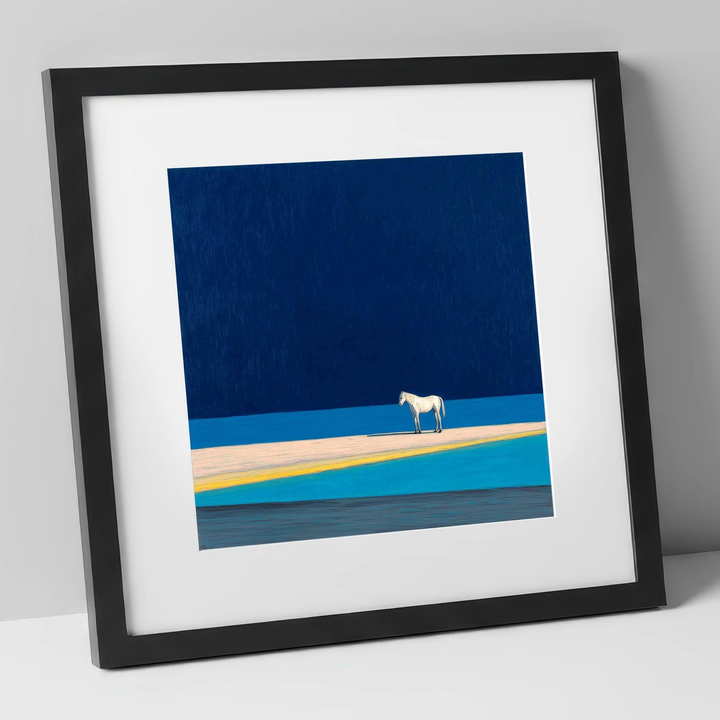 Midnight Blue Horizon horse landscape art print in black frame