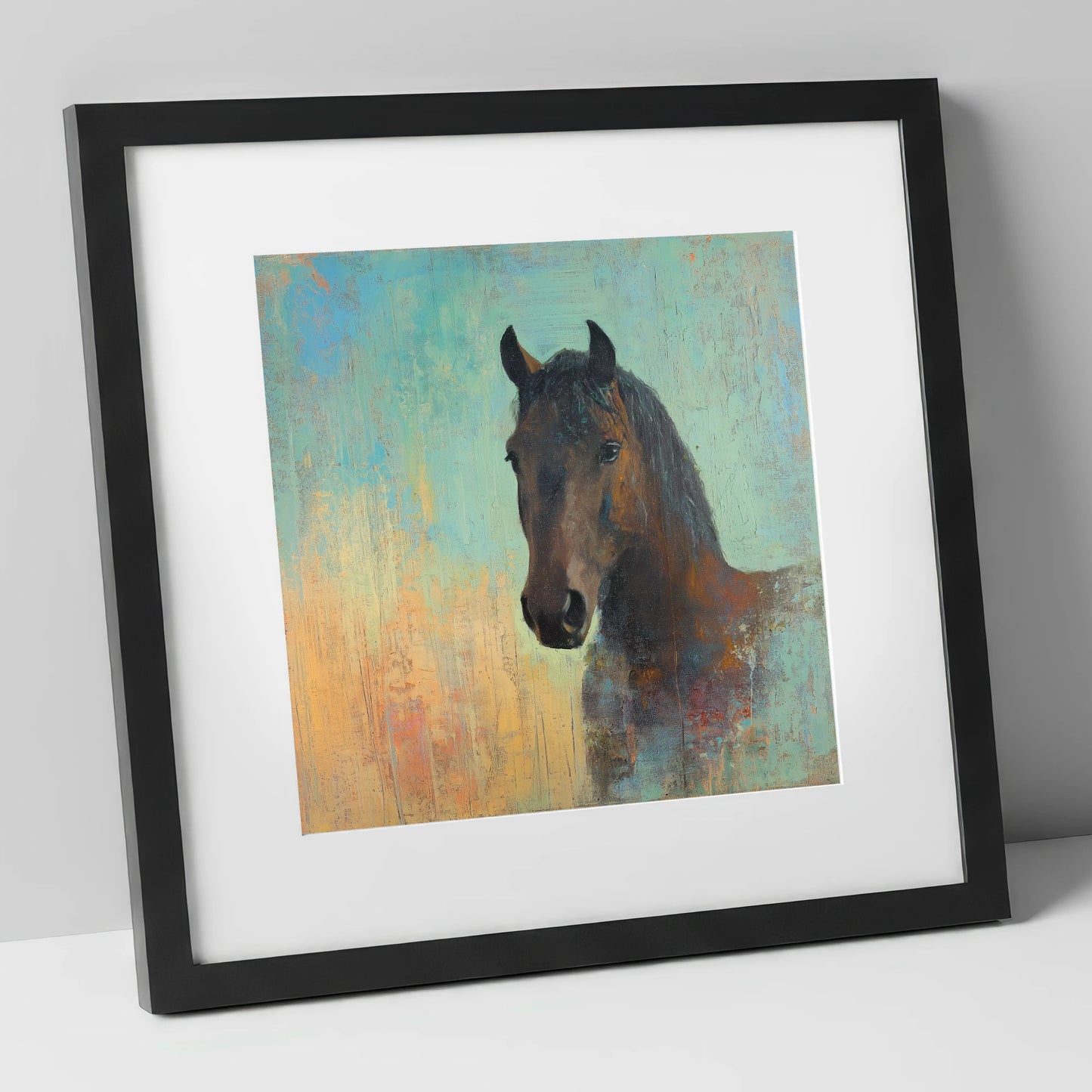 The Steadfast Bay horse portrait art print in black frame
