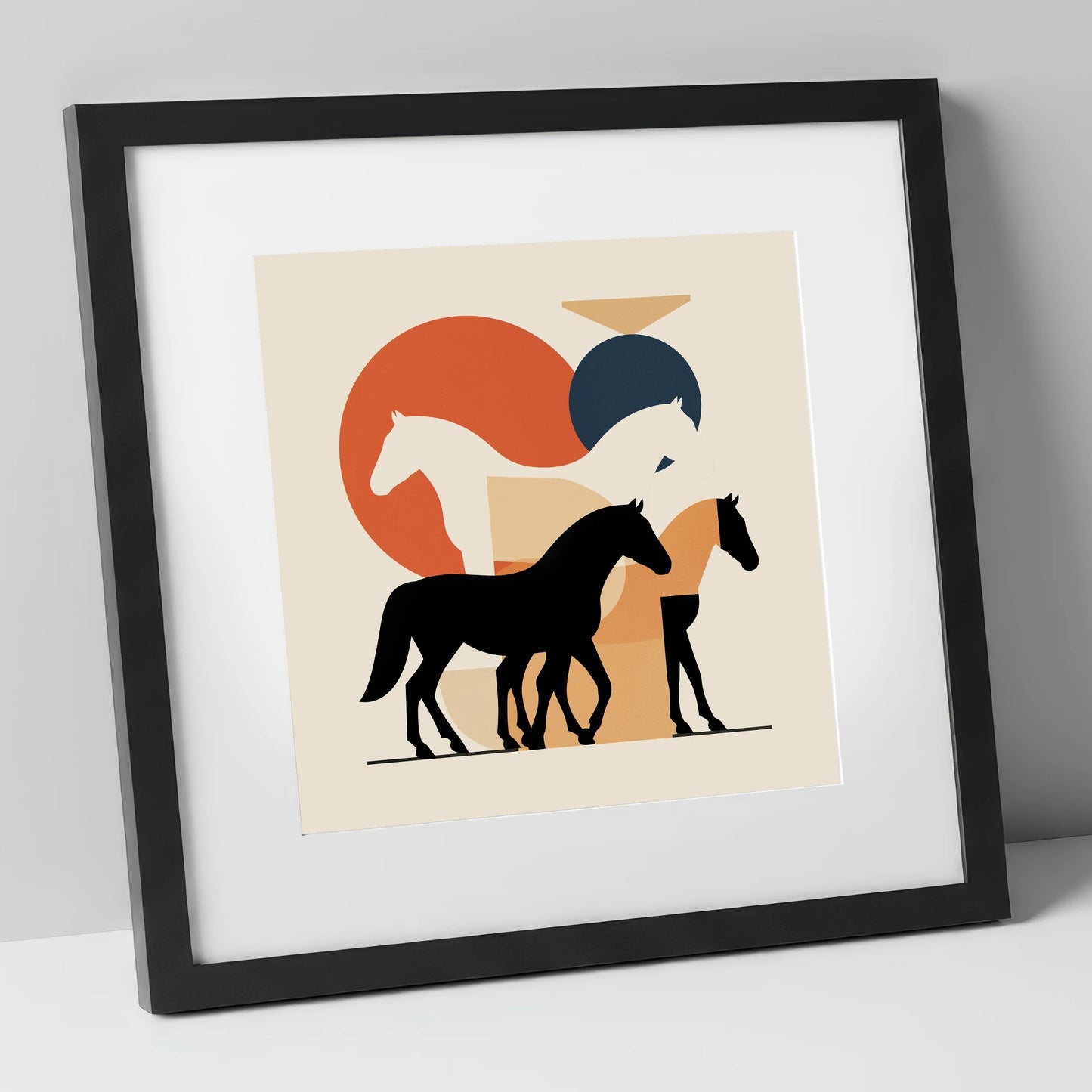 Mid-Century Equine Form wild horses art print in black frame