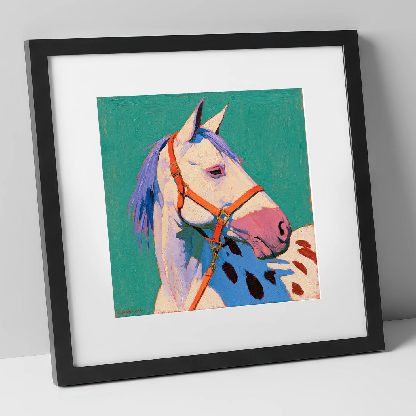 Colourful Appaloosa on Teal Background horse breed art print in black frame