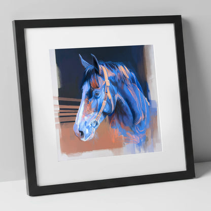 Serene Blue Profile horse portrait art print in black frame