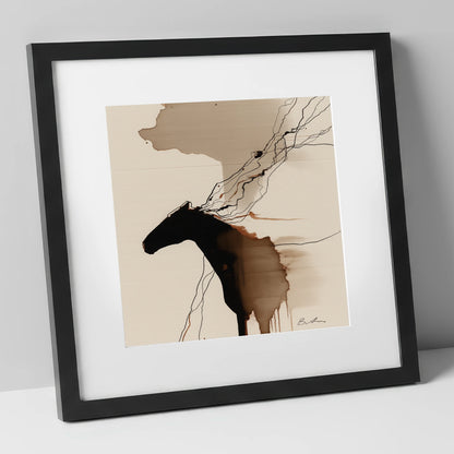 Fluid Sepia Silhouette horse portrait art print in black frame