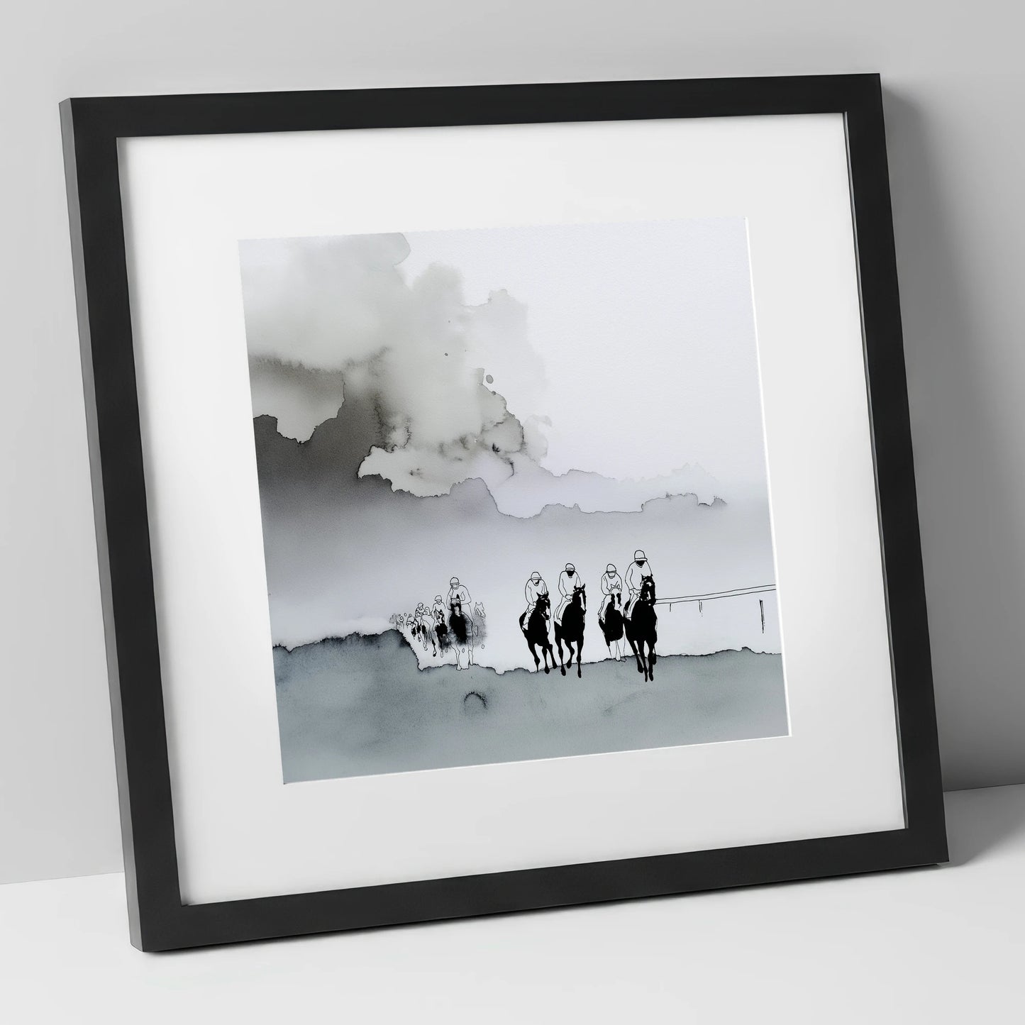 The Morning Gallops racing horse art print in black frame