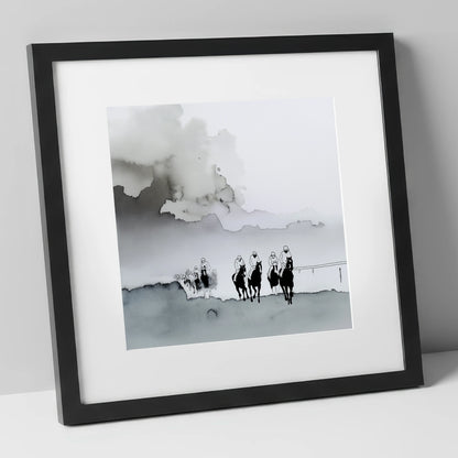 The Morning Gallops racing horse art print in black frame