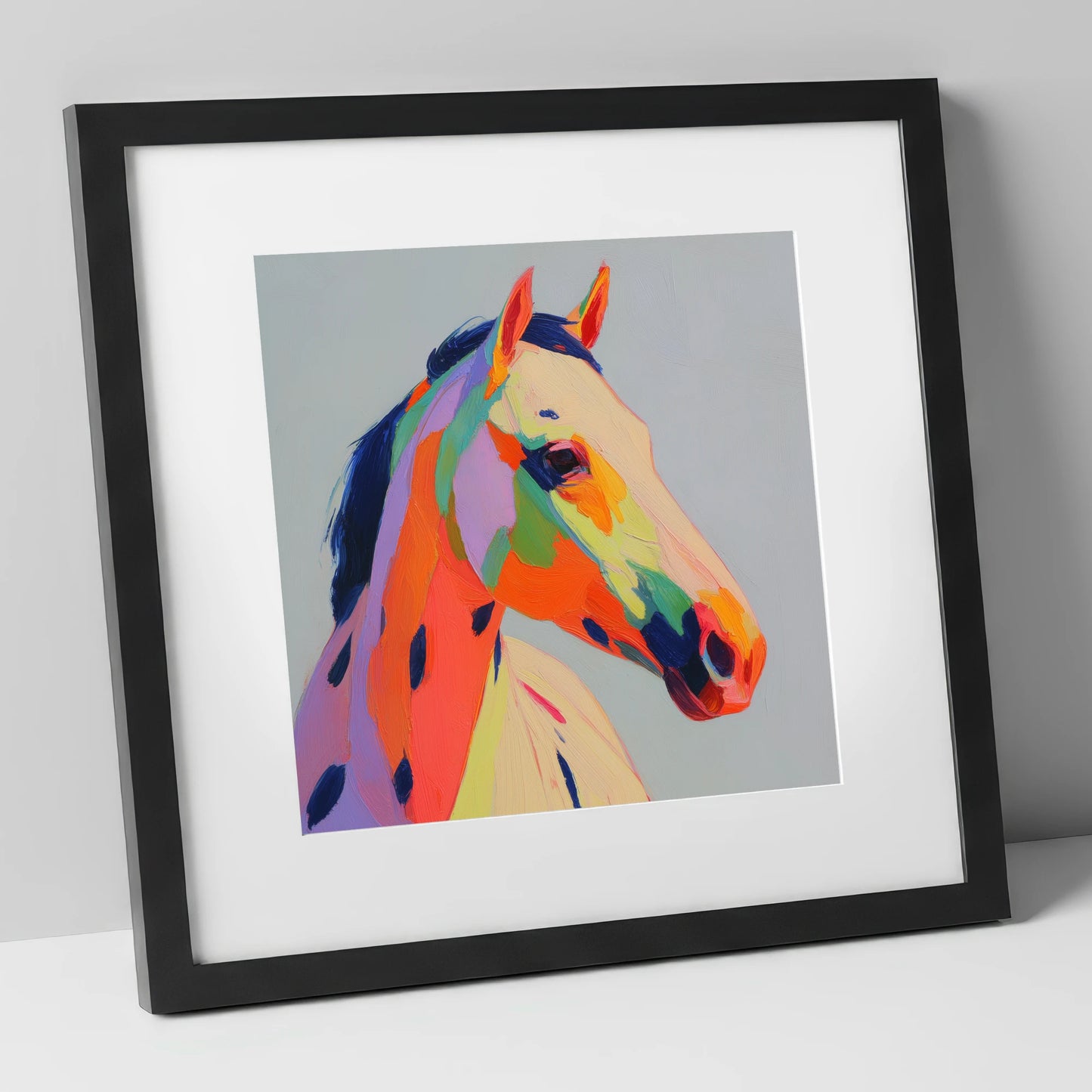 Technicolour Spirit horse breed art print in black frame
