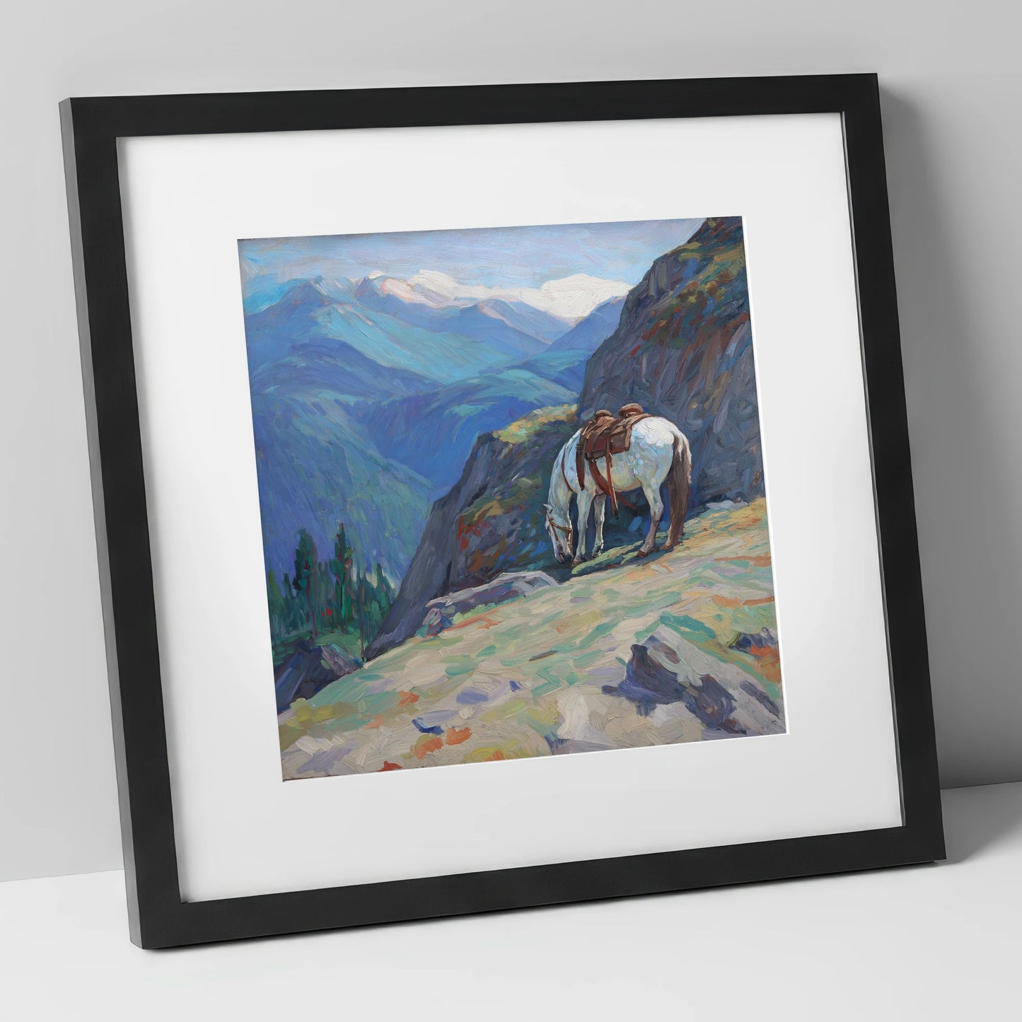 Alpine Trail Halt horse landscape art print in black frame