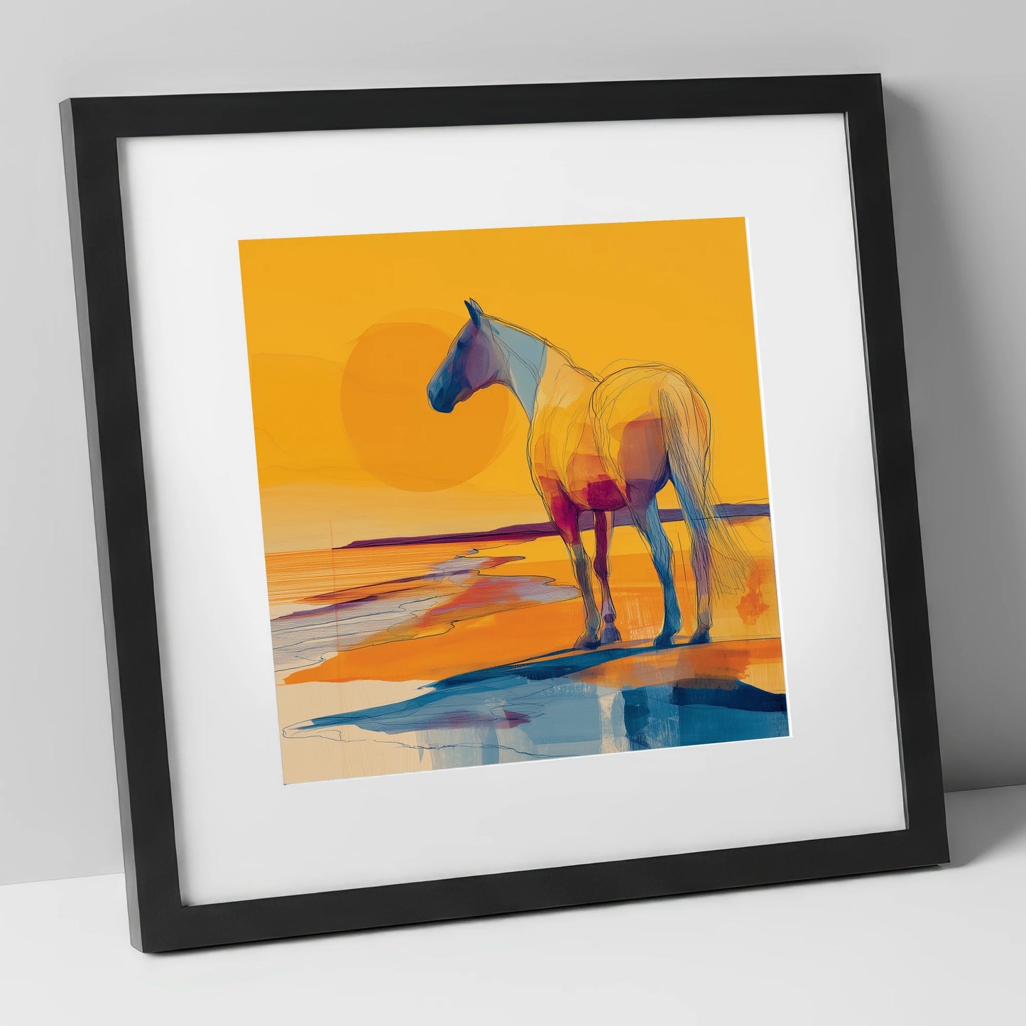 Golden Shoreline Silhouette horse landscape art print in black frame